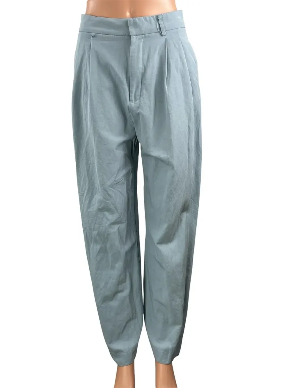Zara Women's Blue Linen High Waisted Pleated Wide Leg Trousers Pants Size M